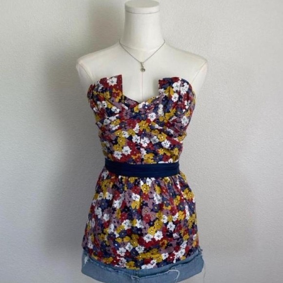 Porridge Tops - Vintage Y2K Porridge Strapless Floral Corset Top Multicolor Navy Waistband